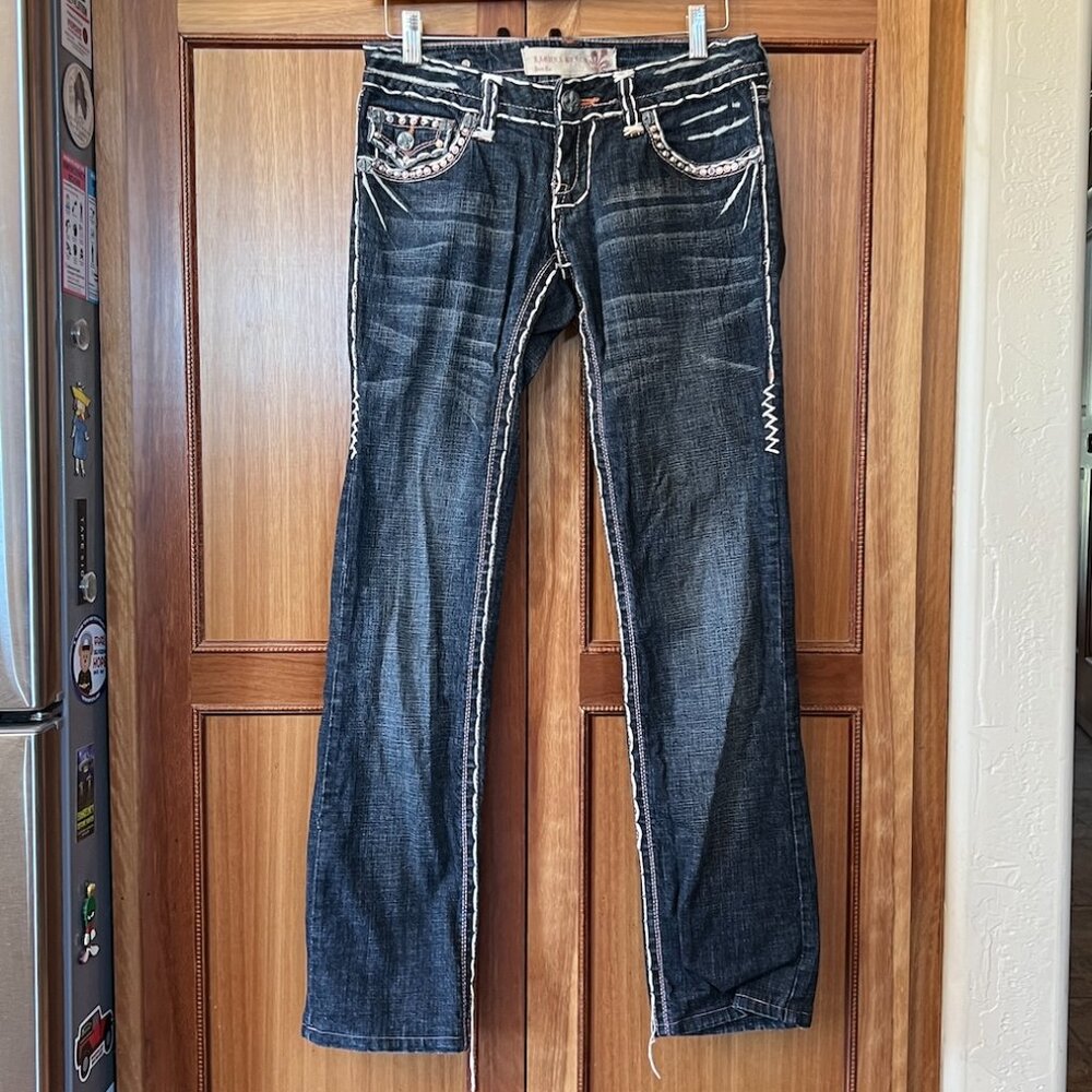 Laguna Beach Jeans with Fleur De Lis, Cross & Rhinestones Accents, White Edging